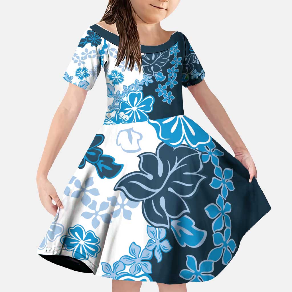 Blue Hibiscus Plumeria Floral Family Matching Short Sleeve Bodycon Dress and Hawaiian Shirt LT01 Daughter's Dress Blue - Polynesian Pride