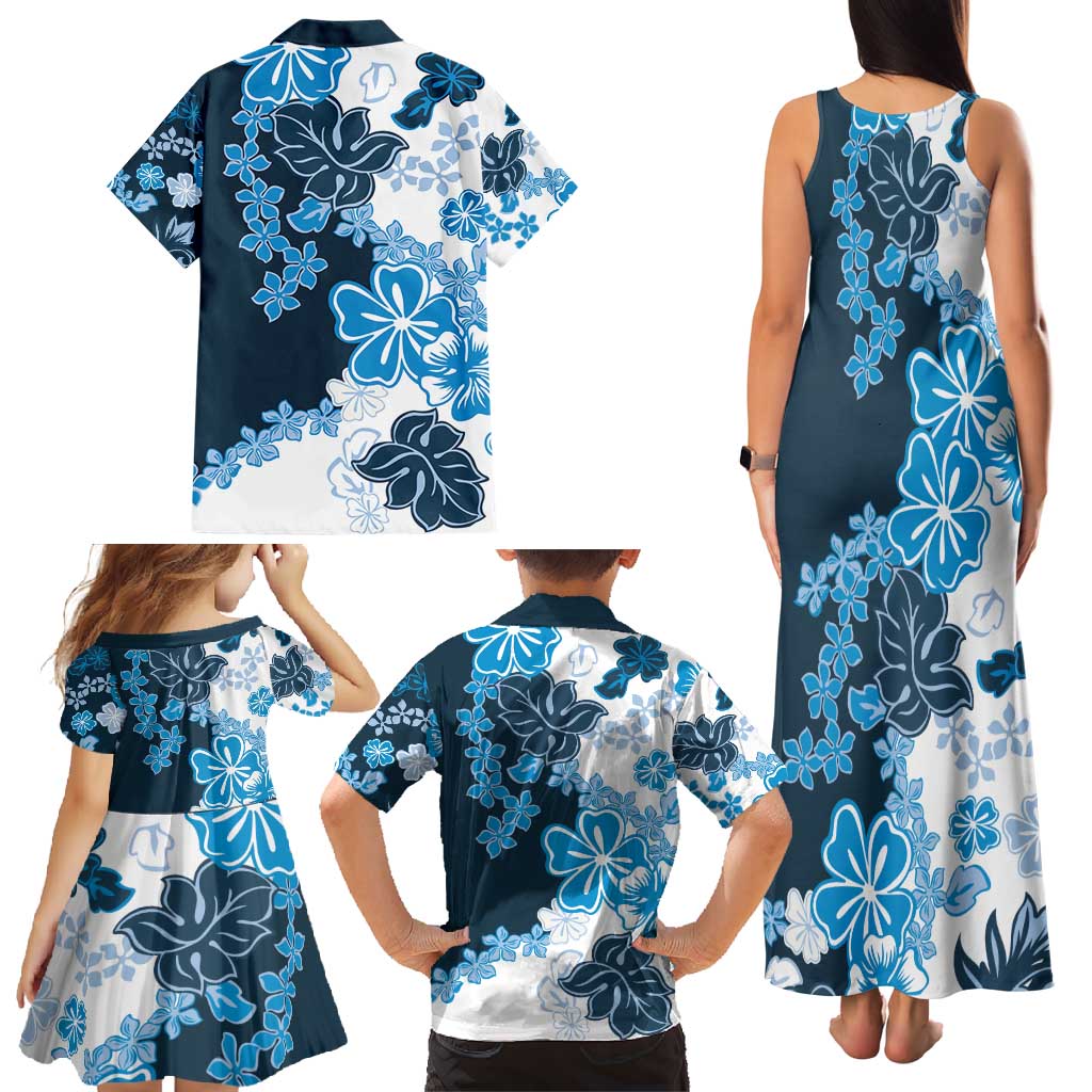 Blue Hibiscus Plumeria Floral Family Matching Tank Maxi Dress and Hawaiian Shirt - Polynesian Pride