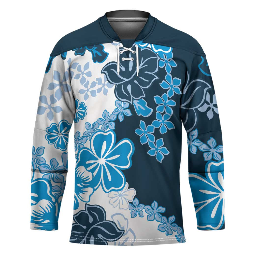 Blue Hibiscus Plumeria Floral Hockey Jersey LT01 Unisex Blue - Polynesian Pride