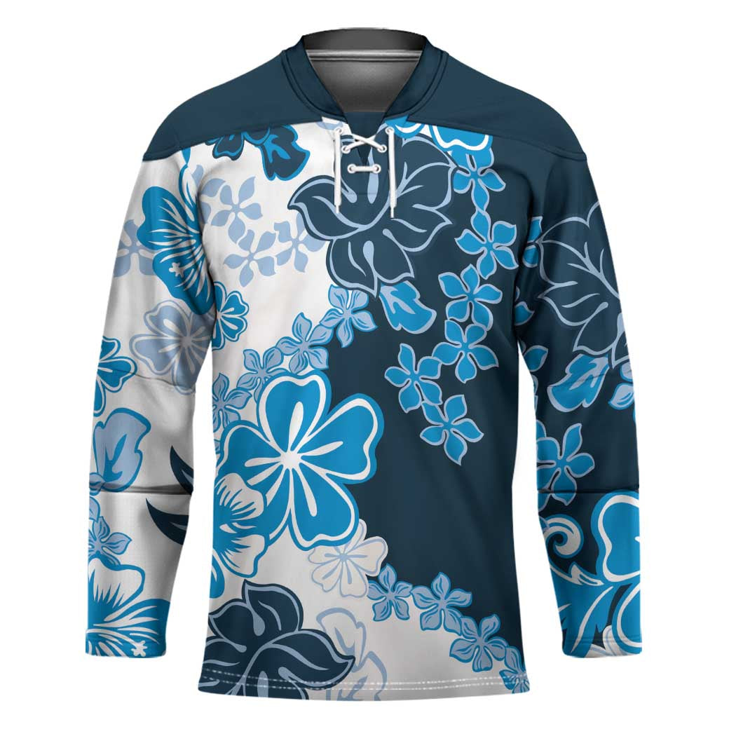 Blue Hibiscus Plumeria Floral Hockey Jersey - Polynesian Pride