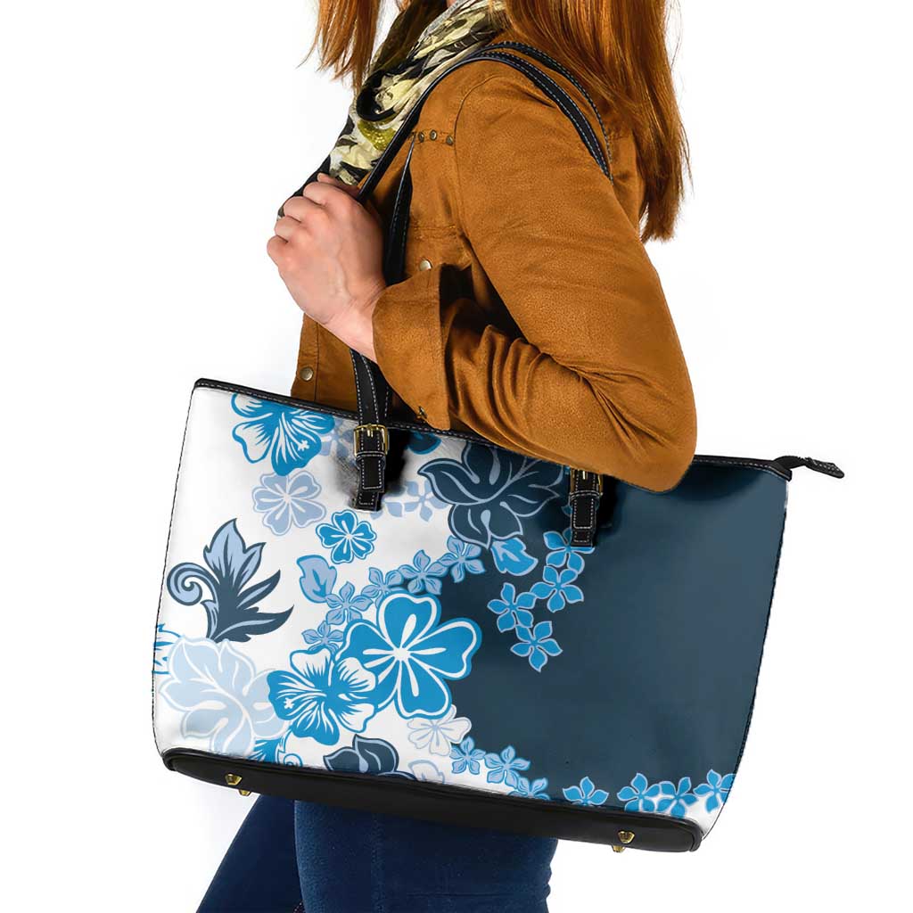 Blue Hibiscus Plumeria Floral Leather Tote Bag LT01 Blue - Polynesian Pride