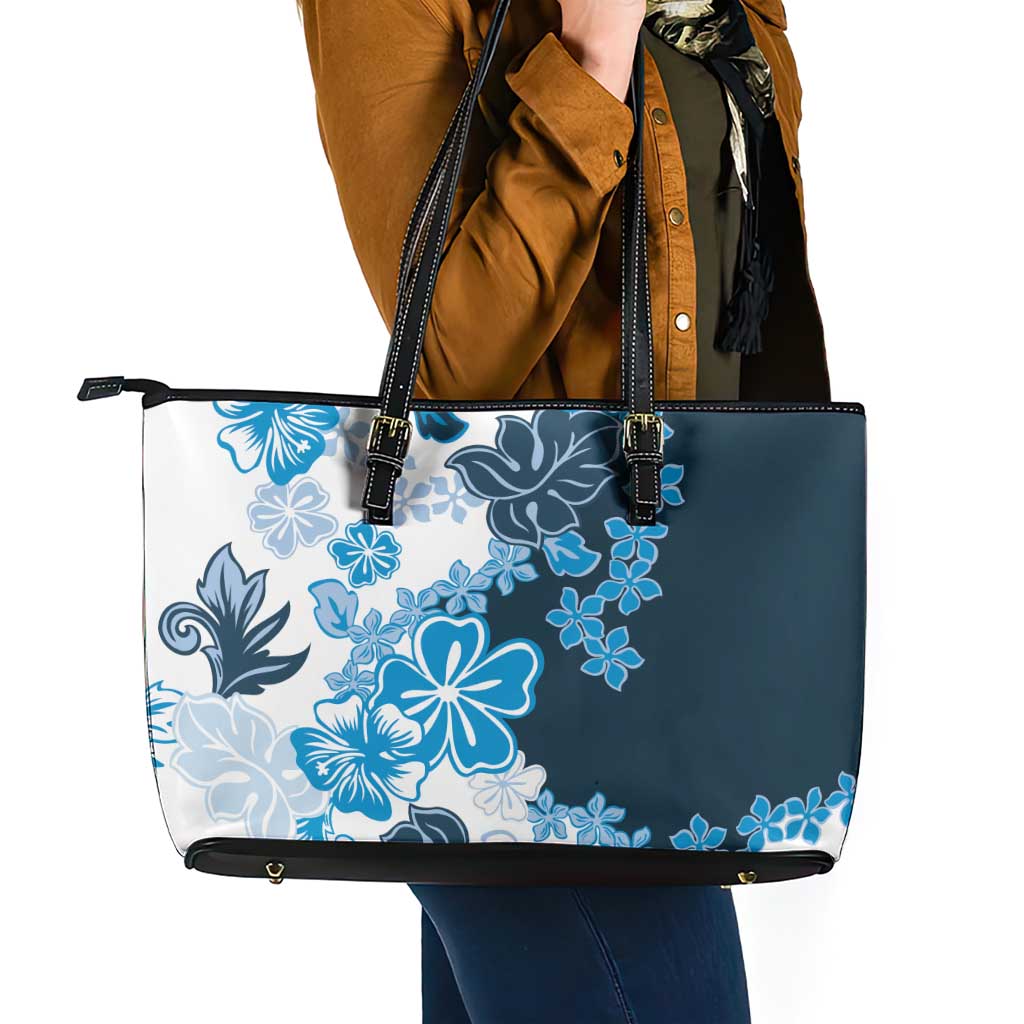Blue Hibiscus Plumeria Floral Leather Tote Bag LT01 - Polynesian Pride