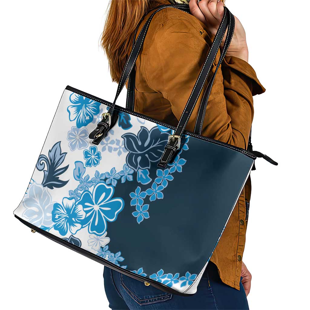 Blue Hibiscus Plumeria Floral Leather Tote Bag LT01 - Polynesian Pride