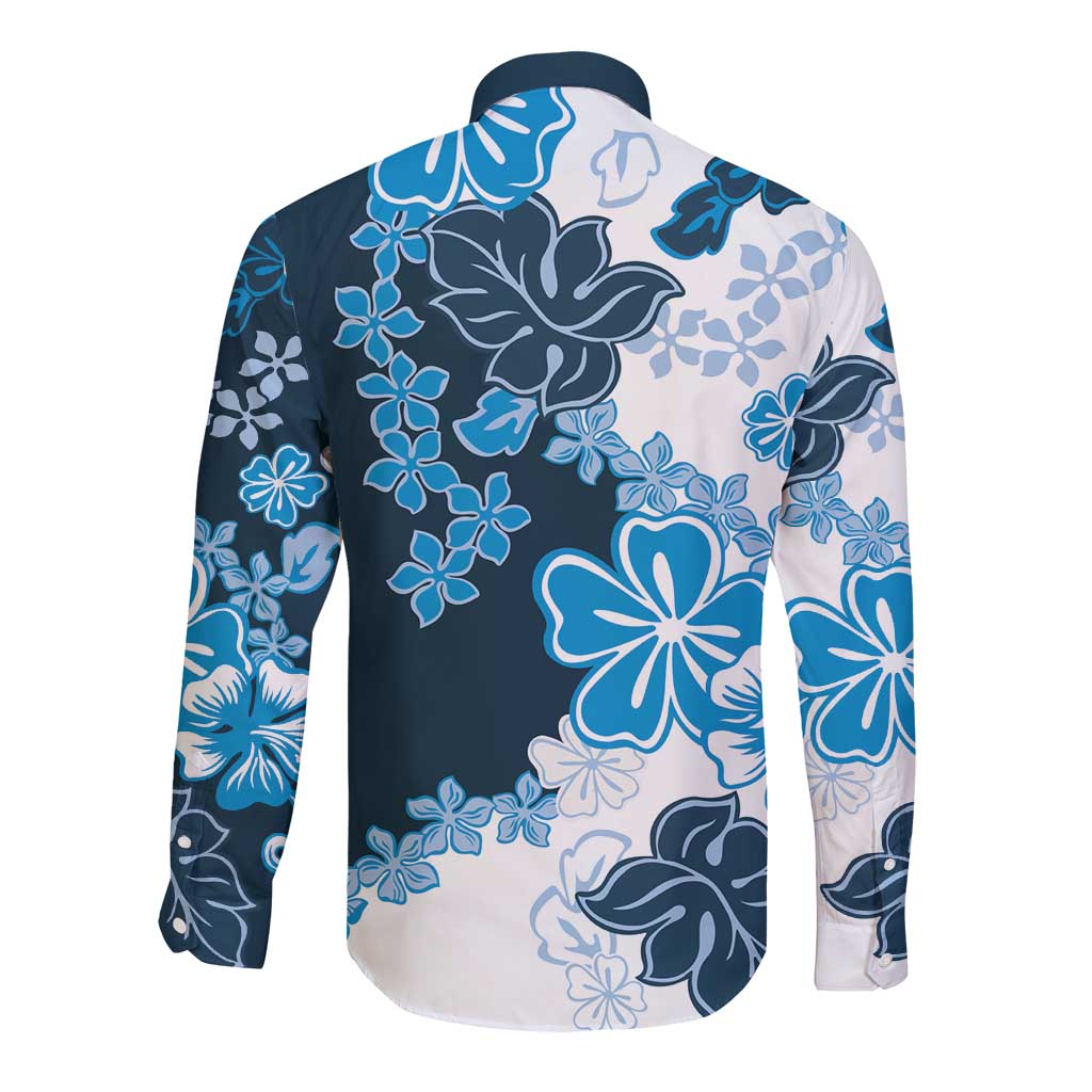 Blue Hibiscus Plumeria Floral Long Sleeve Button Shirt LT01 - Polynesian Pride