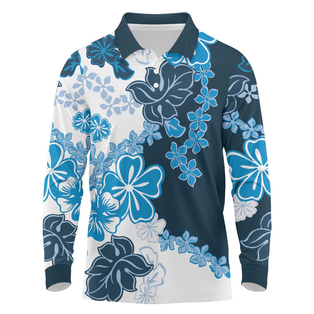 Blue Hibiscus Plumeria Floral Long Sleeve Polo Shirt - Polynesian Pride