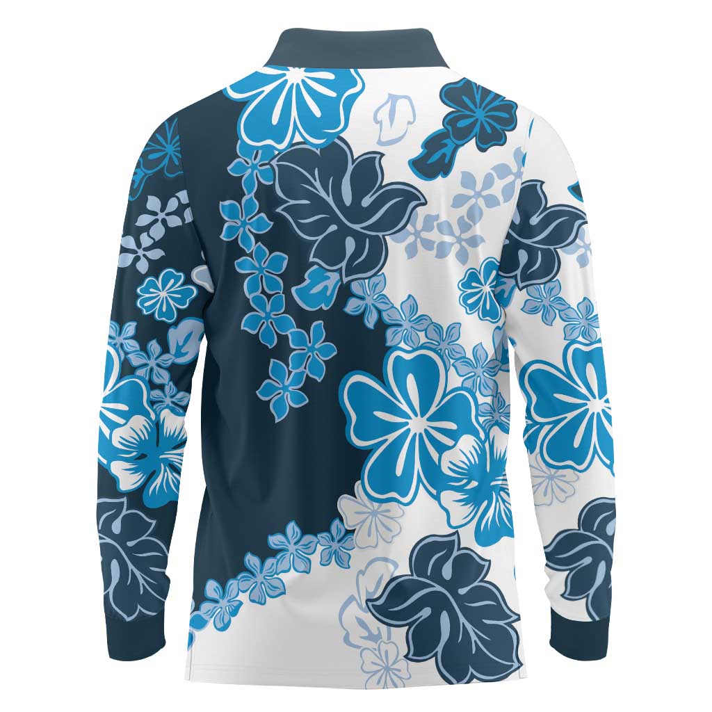 Blue Hibiscus Plumeria Floral Long Sleeve Polo Shirt LT01 - Polynesian Pride
