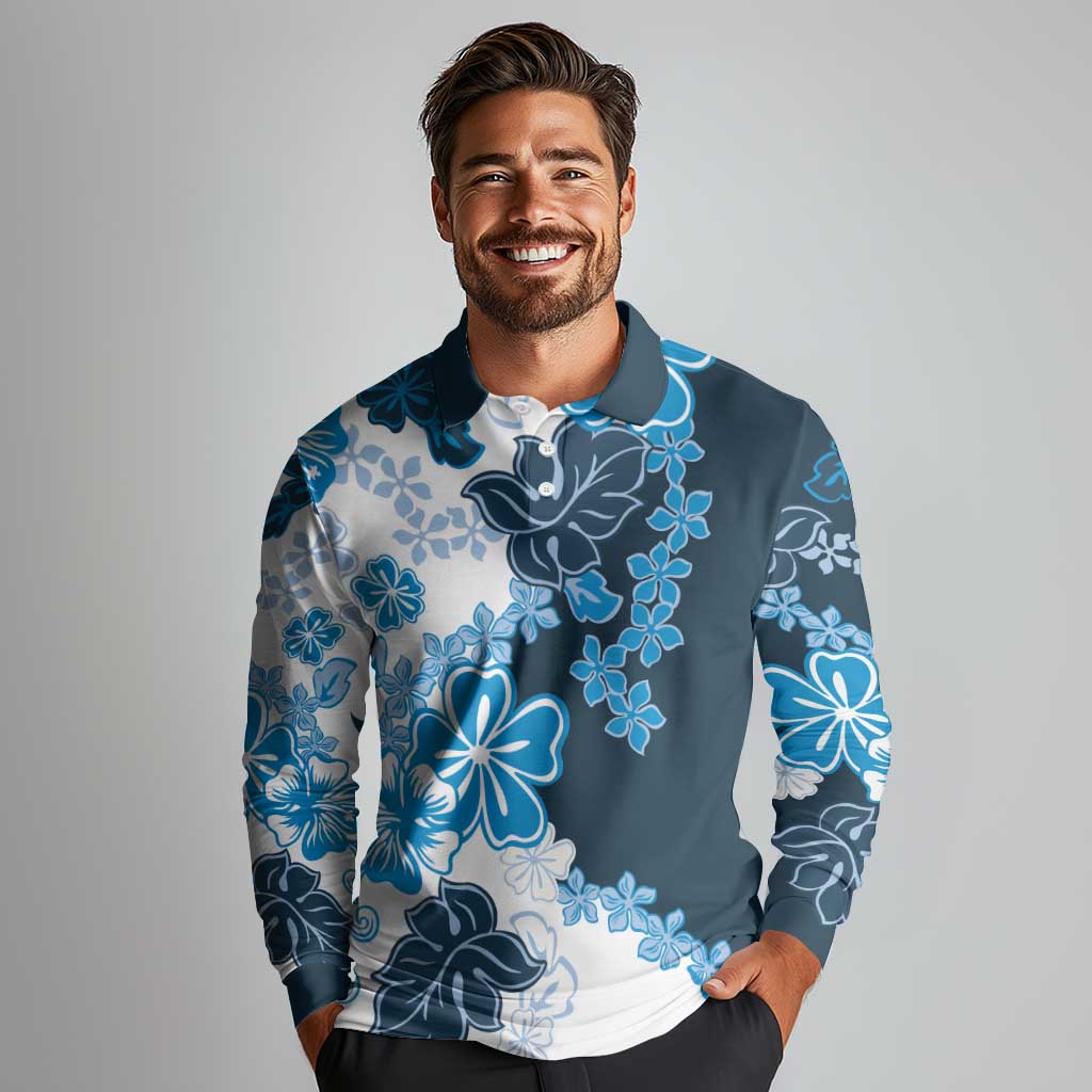 Blue Hibiscus Plumeria Floral Long Sleeve Polo Shirt LT01 - Polynesian Pride