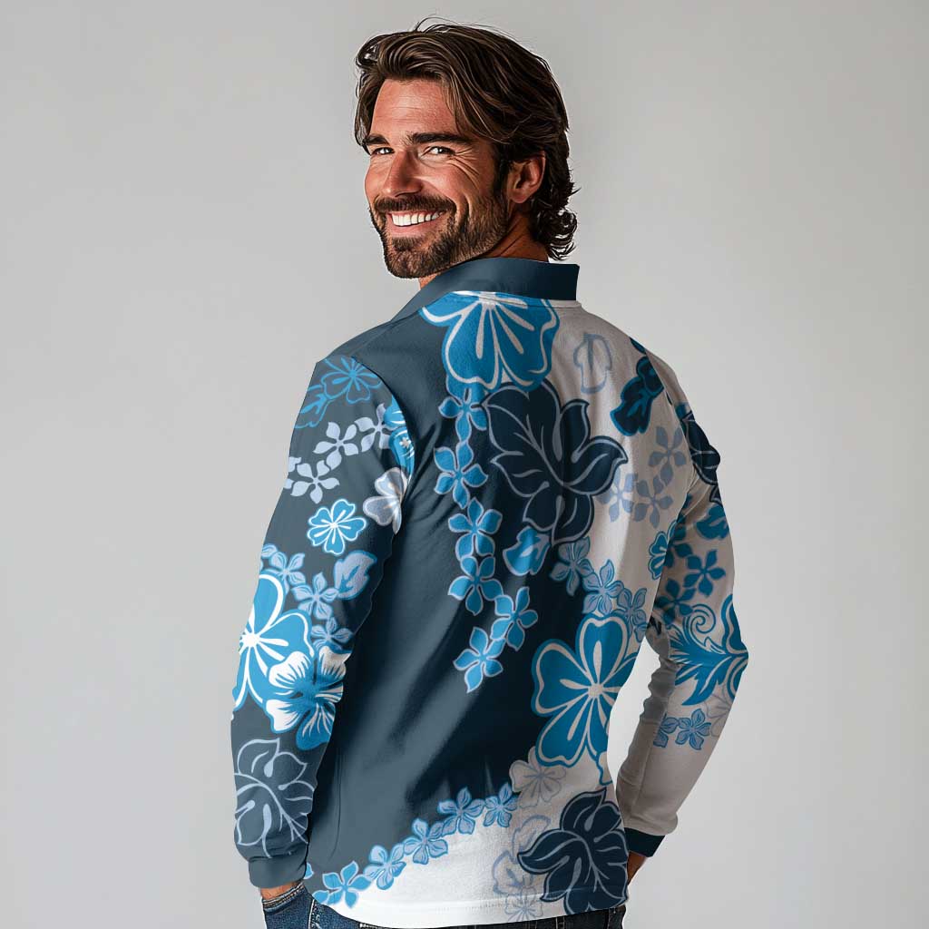 Blue Hibiscus Plumeria Floral Long Sleeve Polo Shirt LT01 - Polynesian Pride