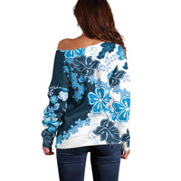 Blue Hibiscus Plumeria Floral Off Shoulder Sweater - Polynesian Pride