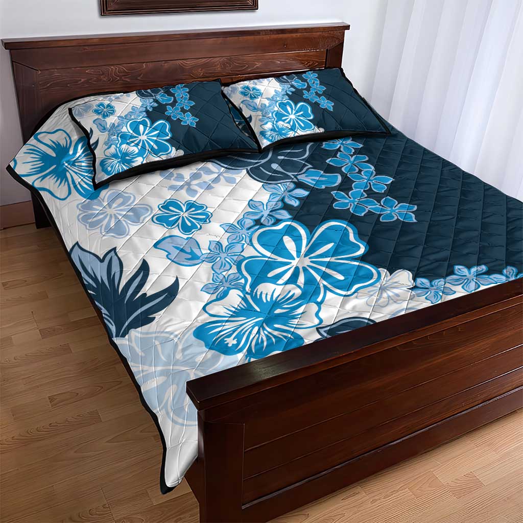 Blue Hibiscus Plumeria Floral Quilt Bed Set - Polynesian Pride