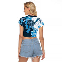 Blue Hibiscus Plumeria Floral Raglan Cropped T Shirt - Polynesian Pride