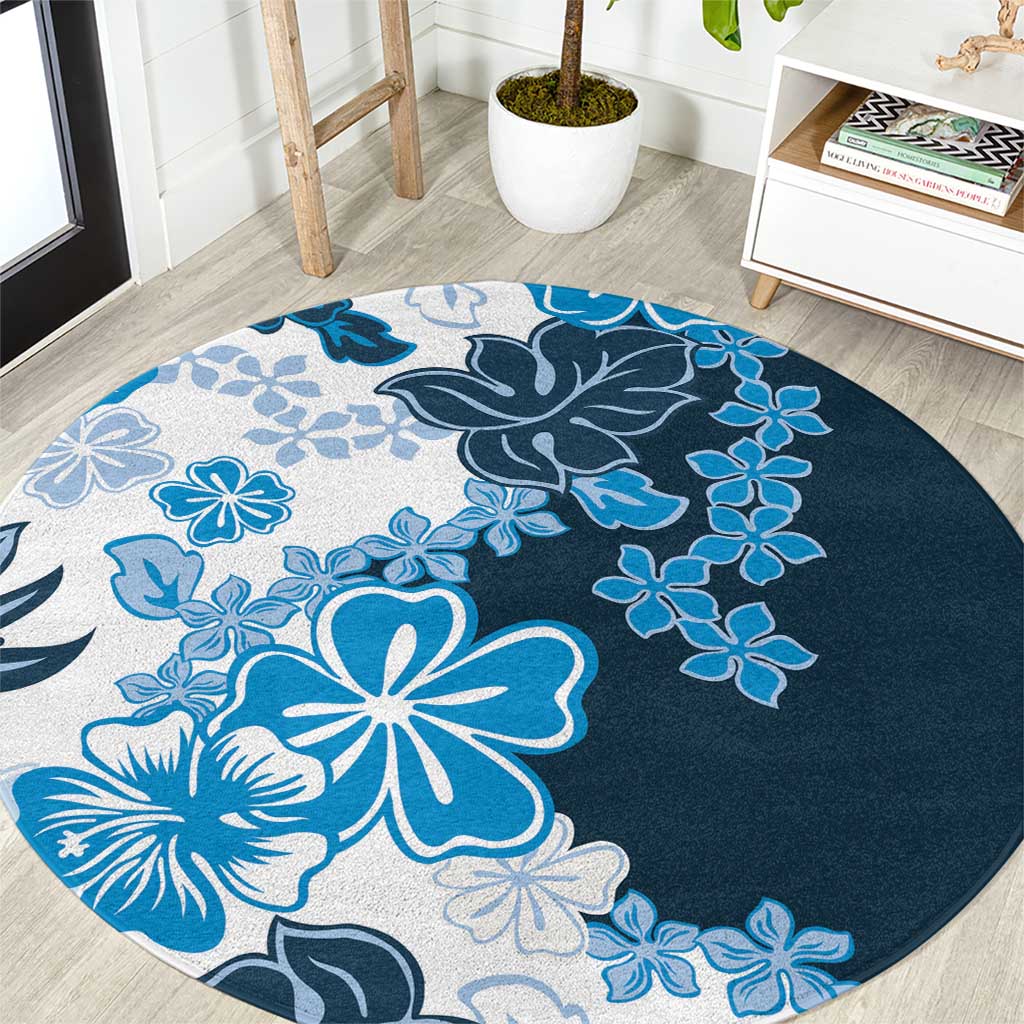 Blue Hibiscus Plumeria Floral Round Carpet LT01 Blue - Polynesian Pride