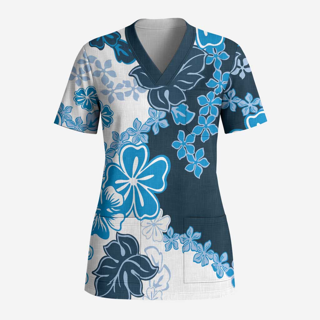 Blue Hibiscus Plumeria Floral Scrub Top LT01 Adult Blue - Polynesian Pride
