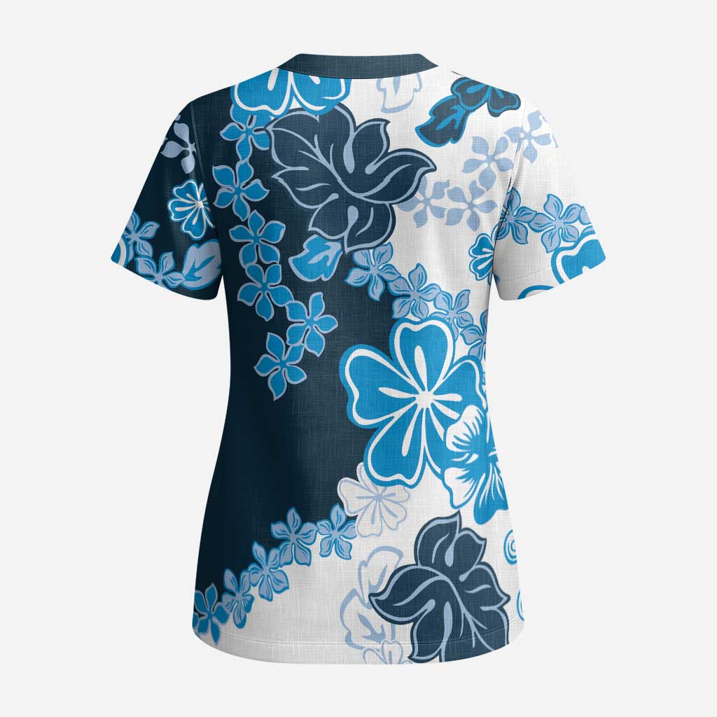 Blue Hibiscus Plumeria Floral Scrub Top - Polynesian Pride