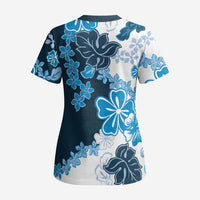 Blue Hibiscus Plumeria Floral Scrub Top - Polynesian Pride