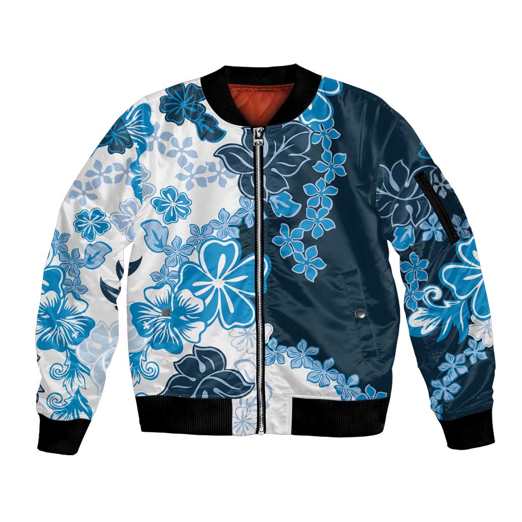 Blue Hibiscus Plumeria Floral Sleeve Zip Bomber Jacket - Polynesian Pride
