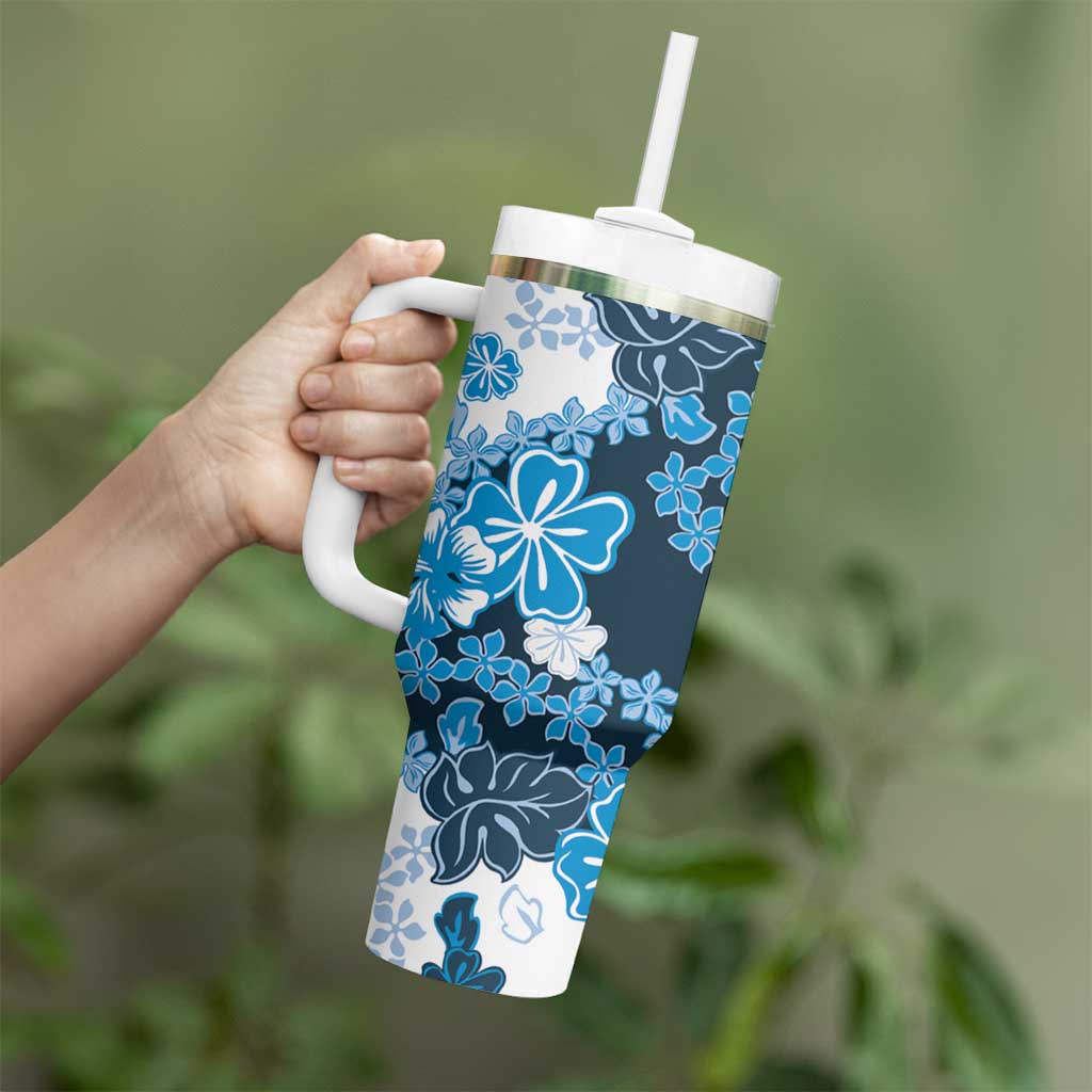 Blue Hibiscus Plumeria Floral Tumbler With Handle - Polynesian Pride