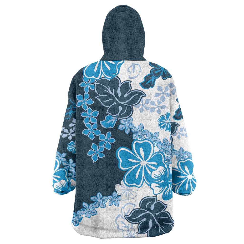 Blue Hibiscus Plumeria Floral Wearable Blanket Hoodie - Polynesian Pride