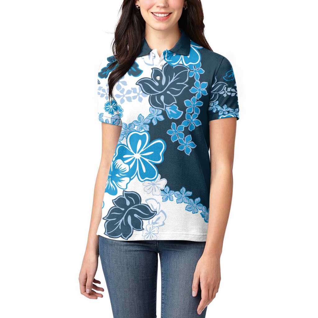 Blue Hibiscus Plumeria Floral Women Polo Shirt - Polynesian Pride