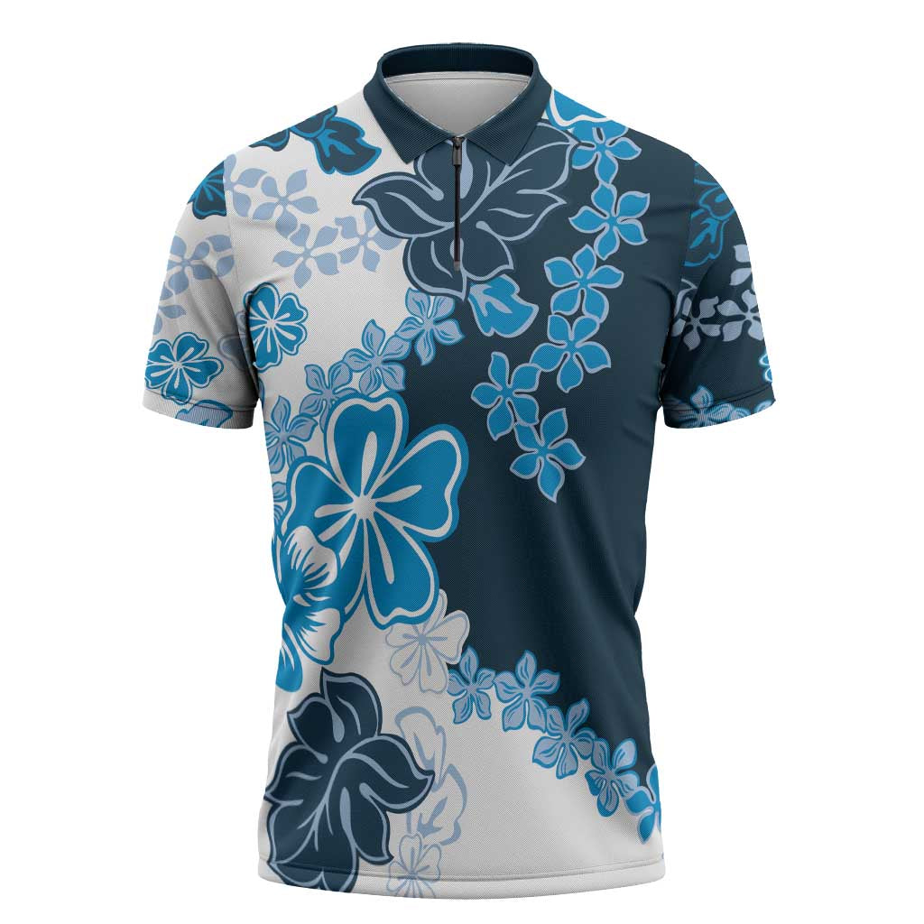 Blue Hibiscus Plumeria Floral Zipper Polo Shirt LT01 Blue - Polynesian Pride