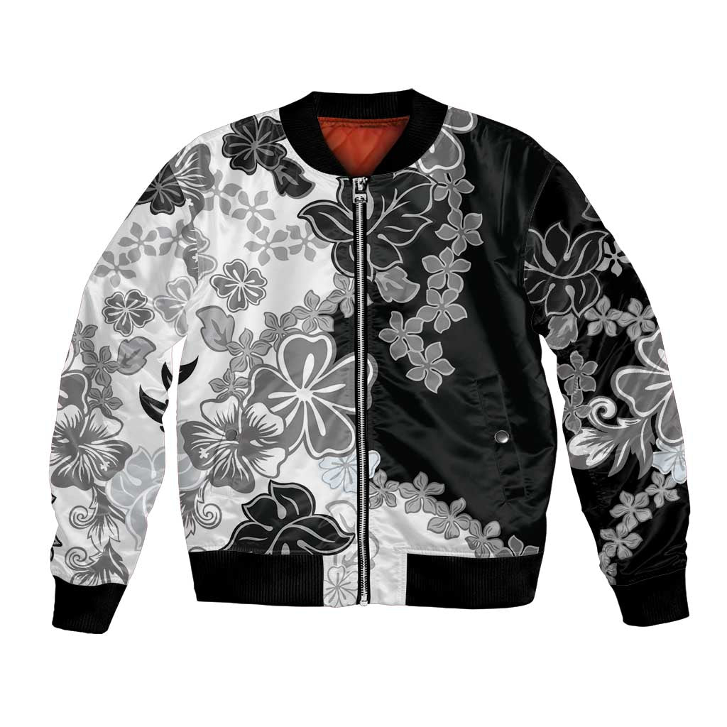 Gray Scale Hibiscus Plumeria Floral Bomber Jacket - Polynesian Pride