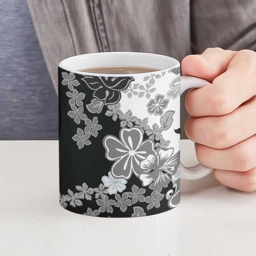 Gray Scale Hibiscus Plumeria Floral Ceramic Mug - Polynesian Pride