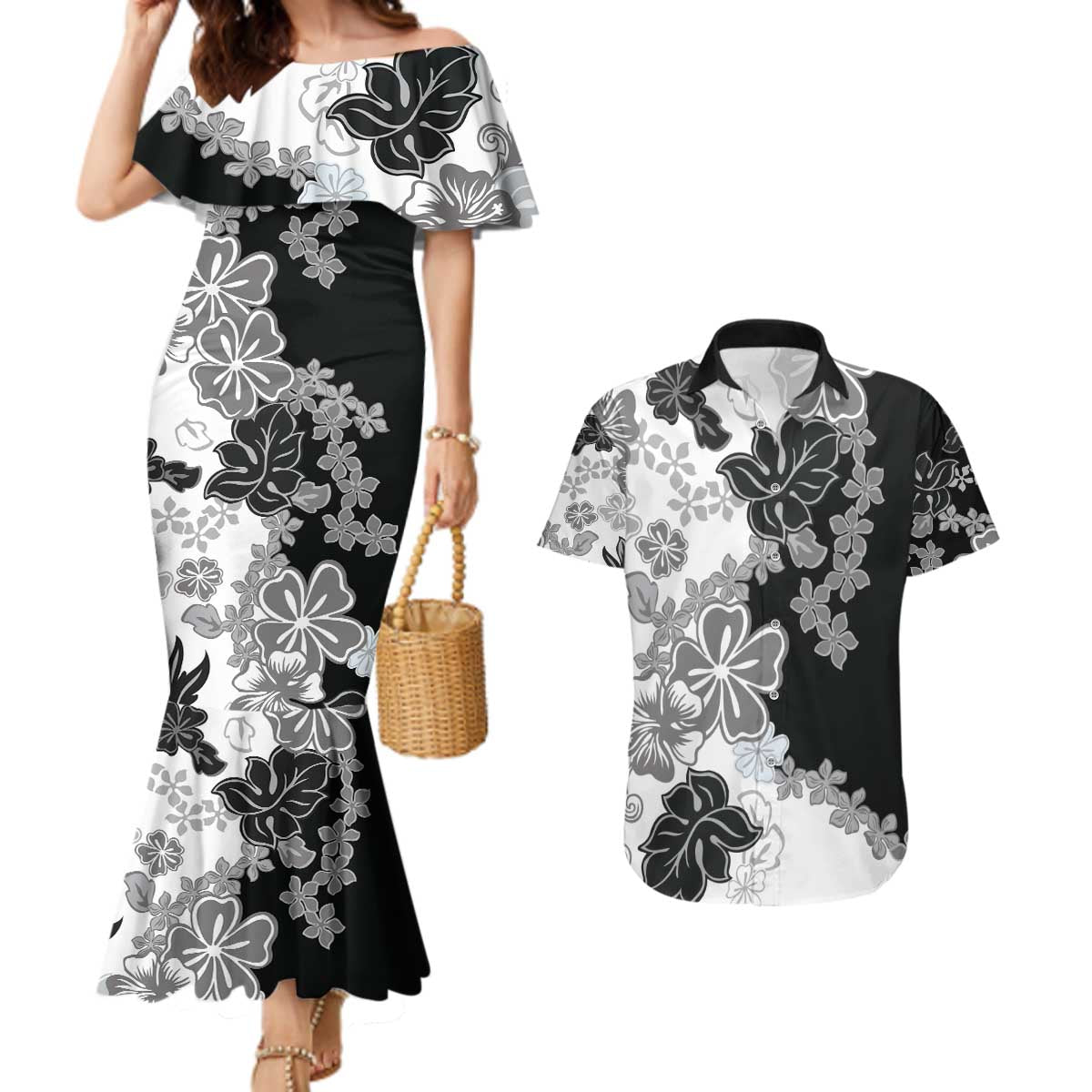 Gray Scale Hibiscus Plumeria Floral Couples Matching Mermaid Dress and Hawaiian Shirt - Polynesian Pride