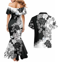 Gray Scale Hibiscus Plumeria Floral Couples Matching Mermaid Dress and Hawaiian Shirt - Polynesian Pride