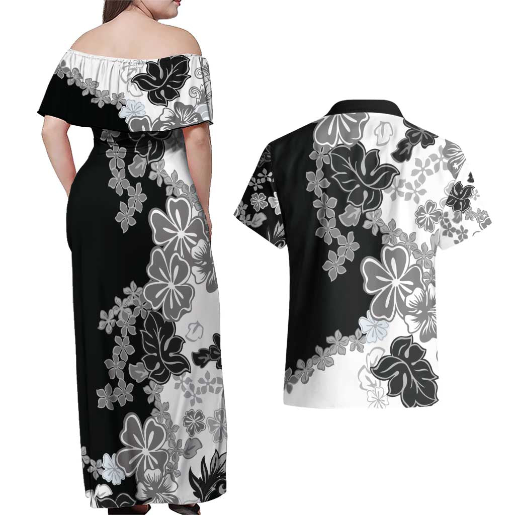 Gray Scale Hibiscus Plumeria Floral Couples Matching Off Shoulder Maxi Dress and Hawaiian Shirt - Polynesian Pride