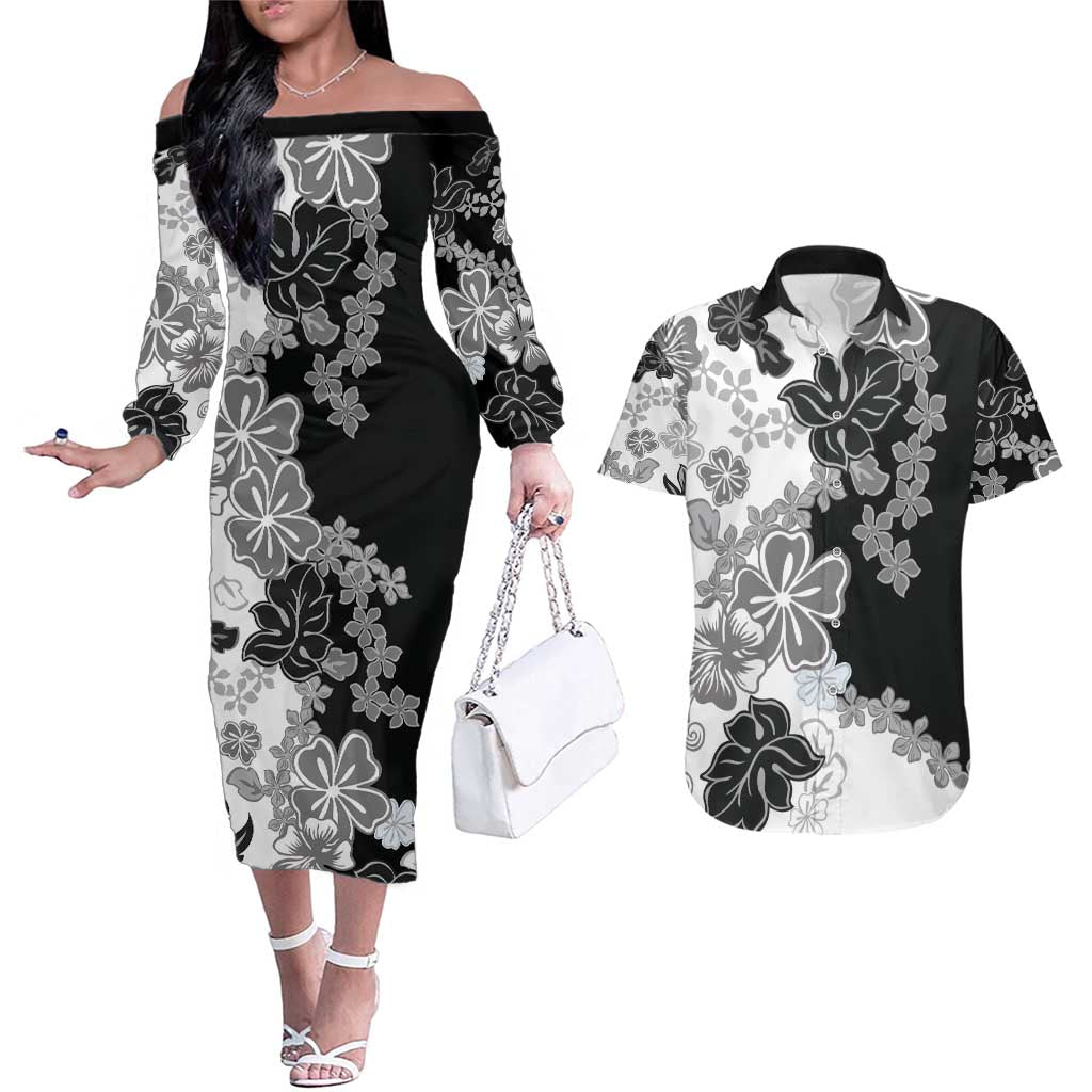 Gray Scale Hibiscus Plumeria Floral Couples Matching Off The Shoulder Long Sleeve Dress and Hawaiian Shirt - Polynesian Pride