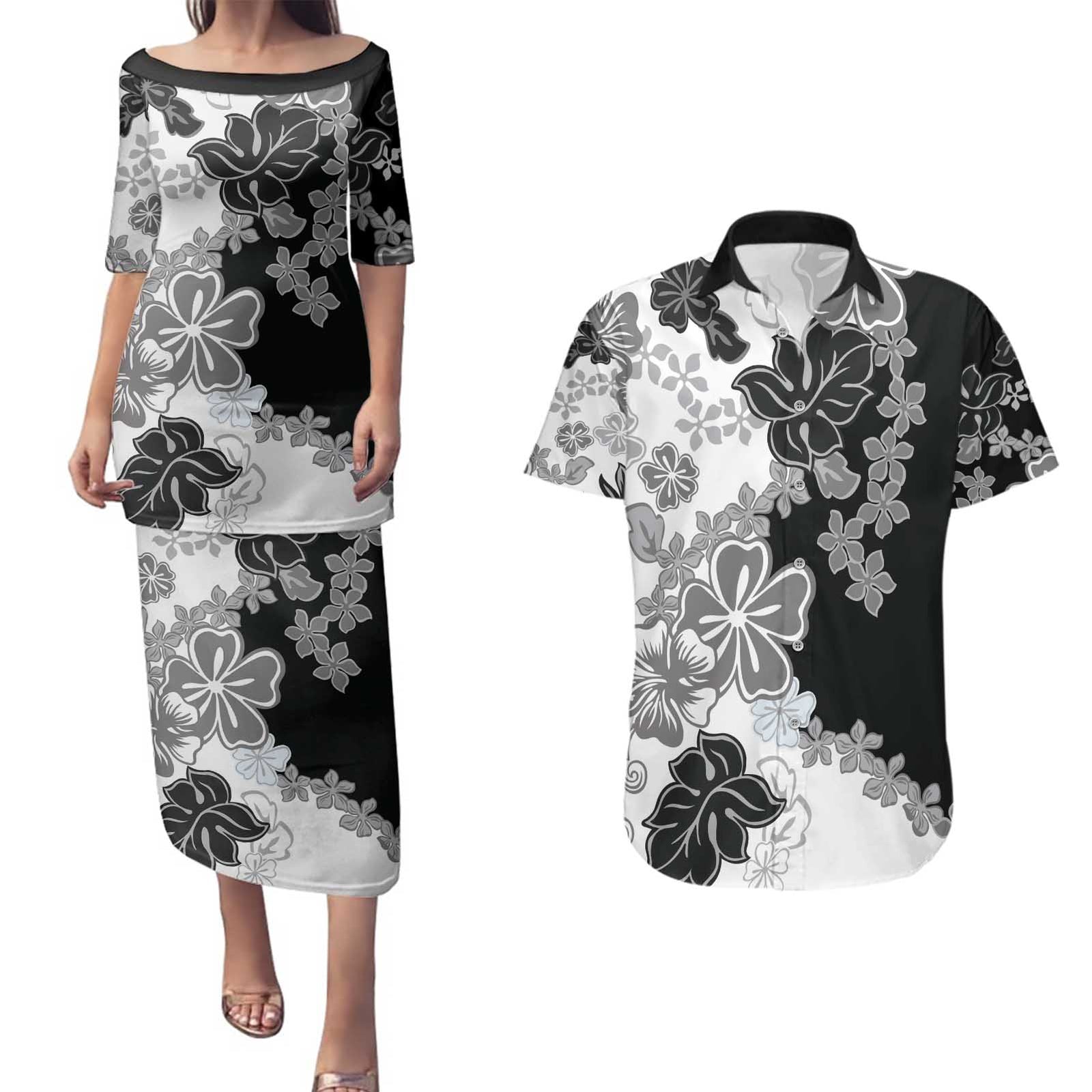 Gray Scale Hibiscus Plumeria Floral Couples Matching Puletasi and Hawaiian Shirt LT01 Black - Polynesian Pride