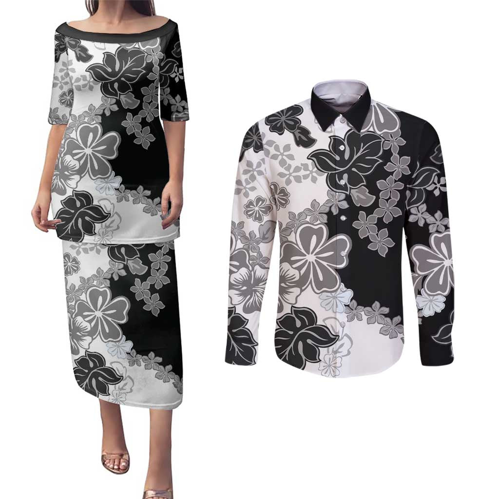 Gray Scale Hibiscus Plumeria Floral Couples Matching Puletasi and Long Sleeve Button Shirt LT01 Black - Polynesian Pride