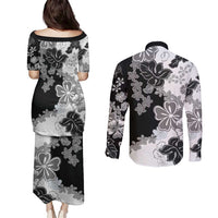 Gray Scale Hibiscus Plumeria Floral Couples Matching Puletasi and Long Sleeve Button Shirt LT01 - Polynesian Pride