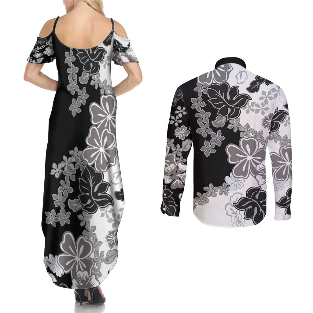 Gray Scale Hibiscus Plumeria Floral Couples Matching Summer Maxi Dress and Long Sleeve Button Shirt LT01 - Polynesian Pride