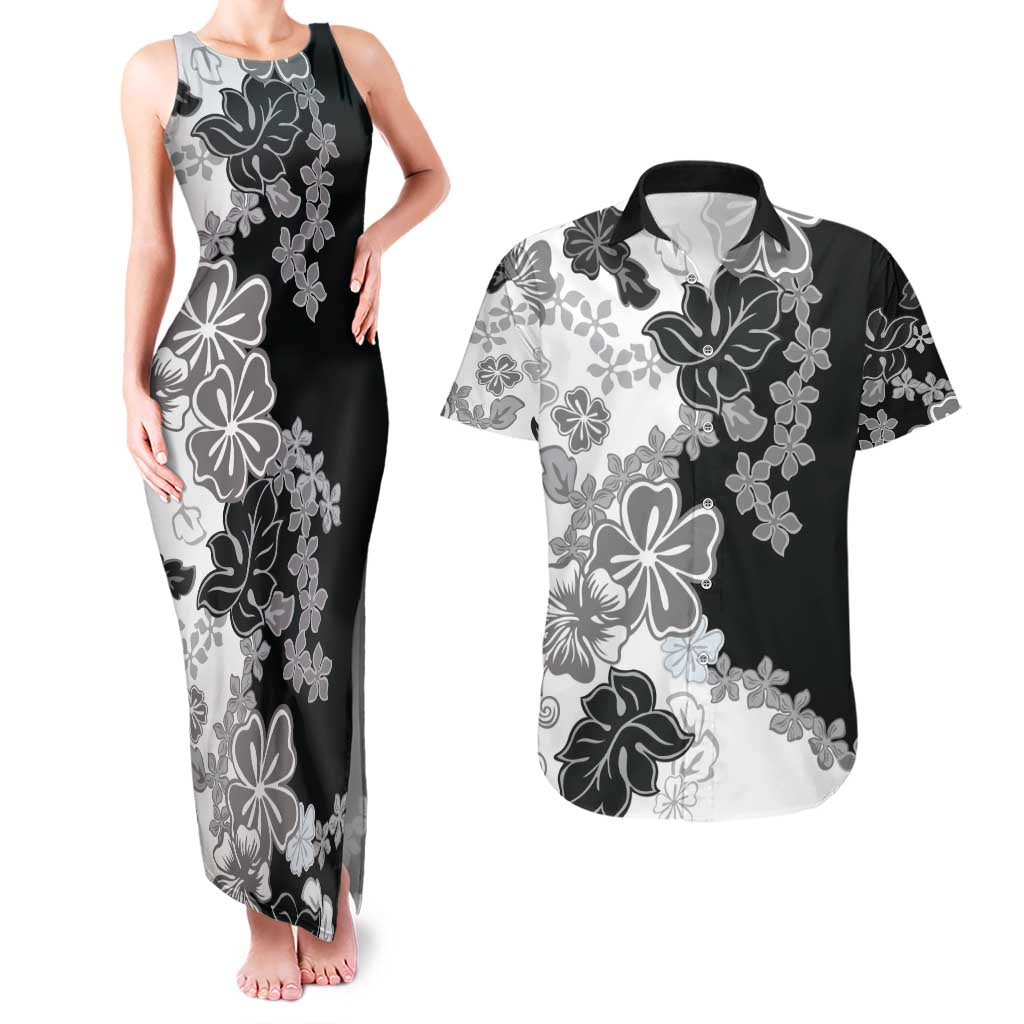 Gray Scale Hibiscus Plumeria Floral Couples Matching Tank Maxi Dress and Hawaiian Shirt - Polynesian Pride