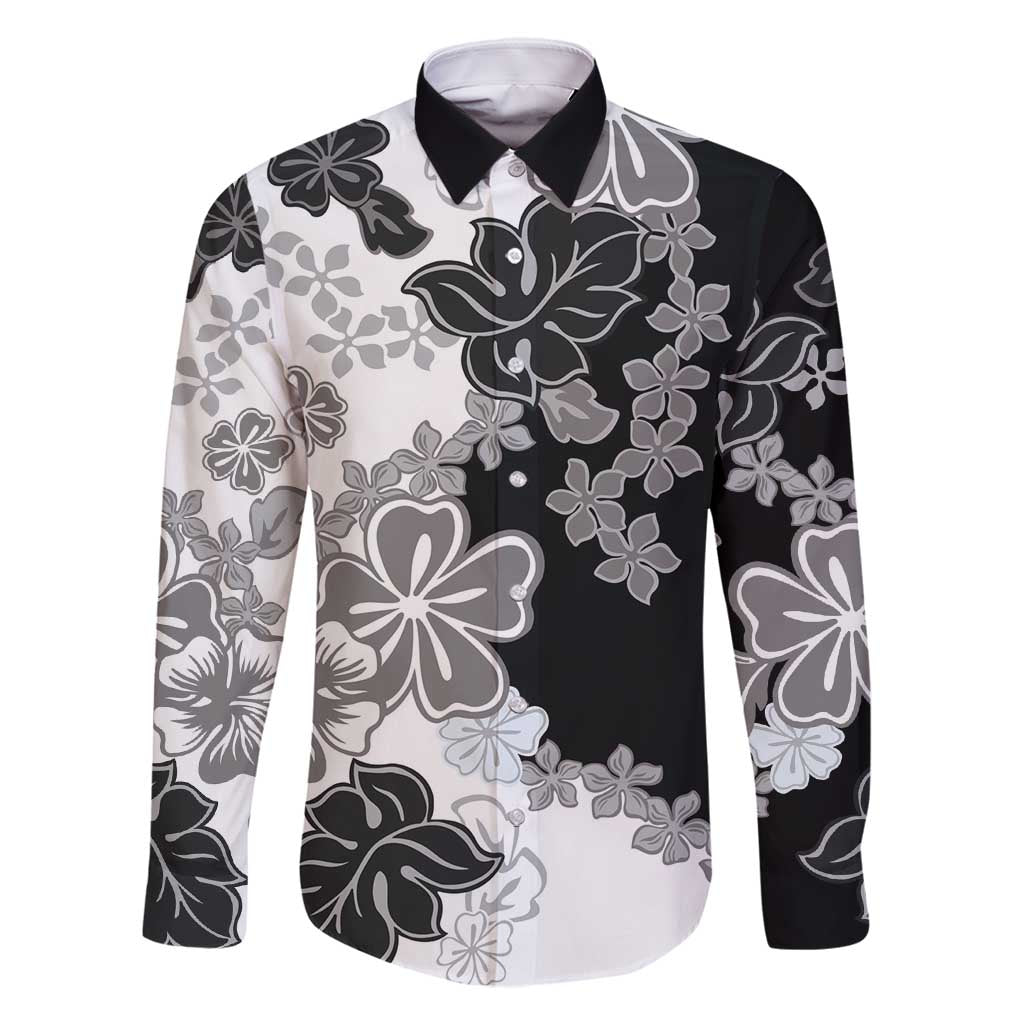 Gray Scale Hibiscus Plumeria Floral Family Matching Long Sleeve Bodycon Dress and Hawaiian Shirt - Polynesian Pride