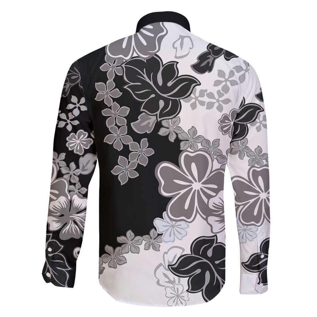 Gray Scale Hibiscus Plumeria Floral Family Matching Long Sleeve Bodycon Dress and Hawaiian Shirt - Polynesian Pride
