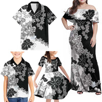 Gray Scale Hibiscus Plumeria Floral Family Matching Off Shoulder Maxi Dress and Hawaiian Shirt - Polynesian Pride