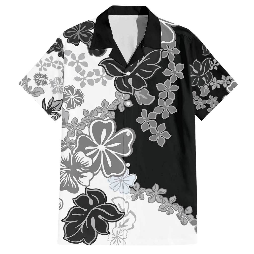 Gray Scale Hibiscus Plumeria Floral Family Matching Off Shoulder Maxi Dress and Hawaiian Shirt - Polynesian Pride