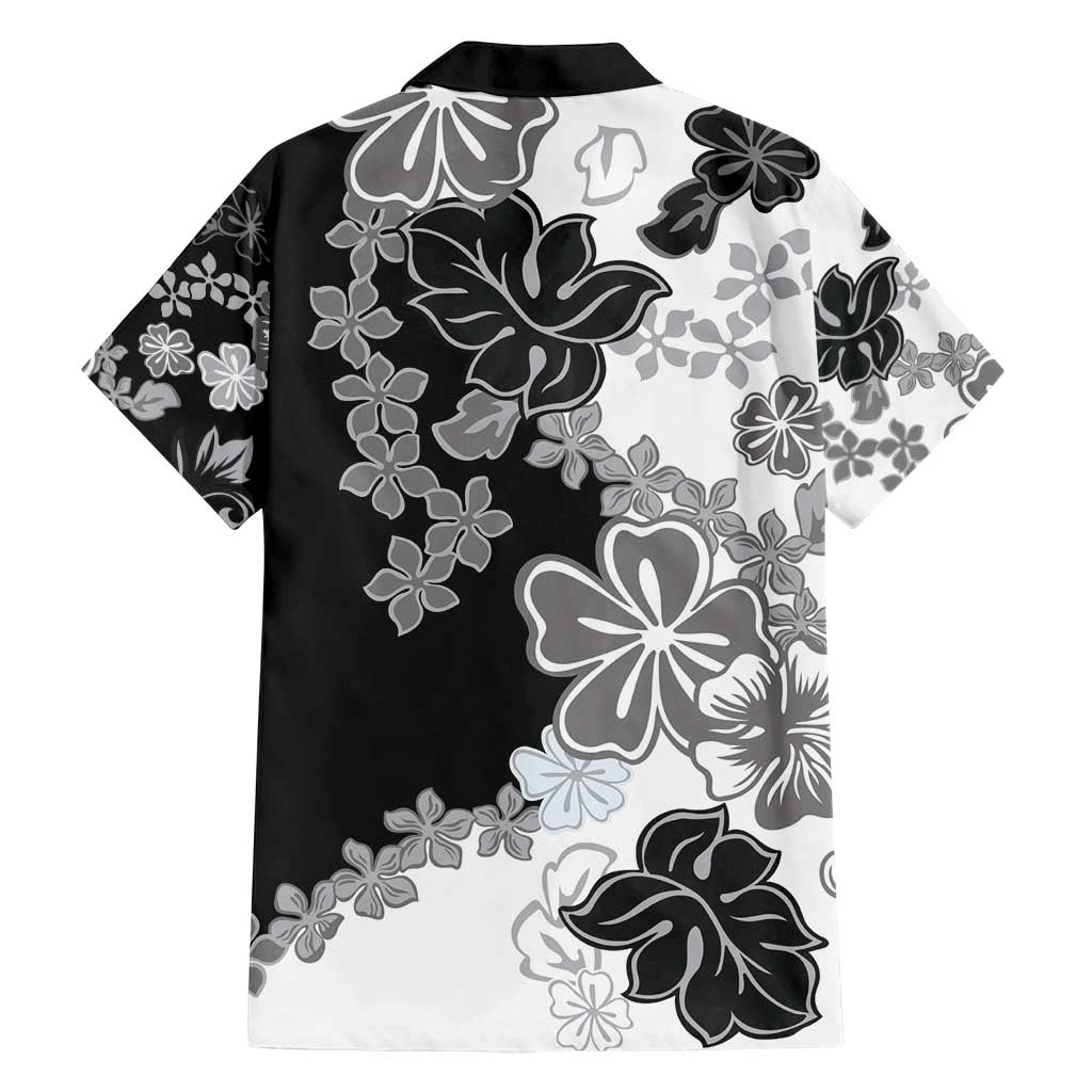 Gray Scale Hibiscus Plumeria Floral Family Matching Off Shoulder Short Dress and Hawaiian Shirt - Polynesian Pride