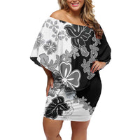 Gray Scale Hibiscus Plumeria Floral Family Matching Off Shoulder Short Dress and Hawaiian Shirt - Polynesian Pride