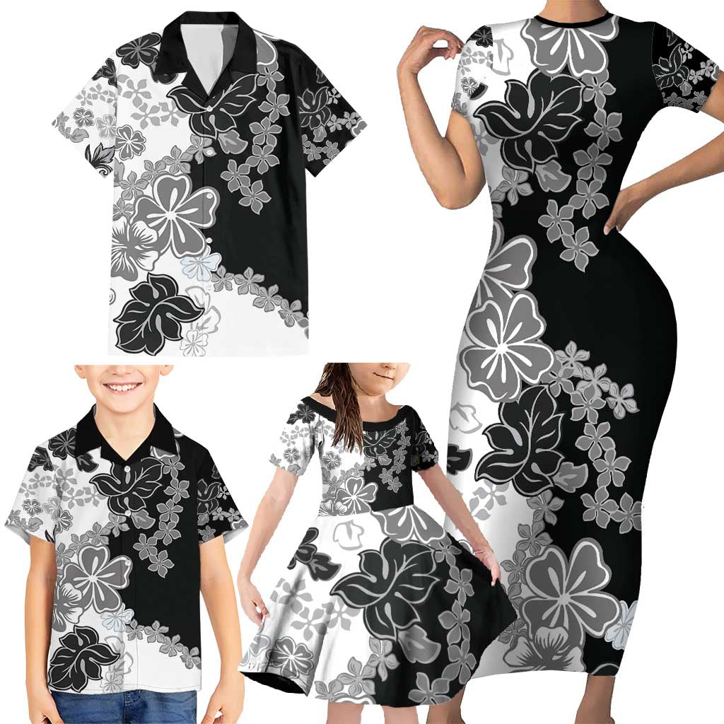 Gray Scale Hibiscus Plumeria Floral Family Matching Short Sleeve Bodycon Dress and Hawaiian Shirt - Polynesian Pride