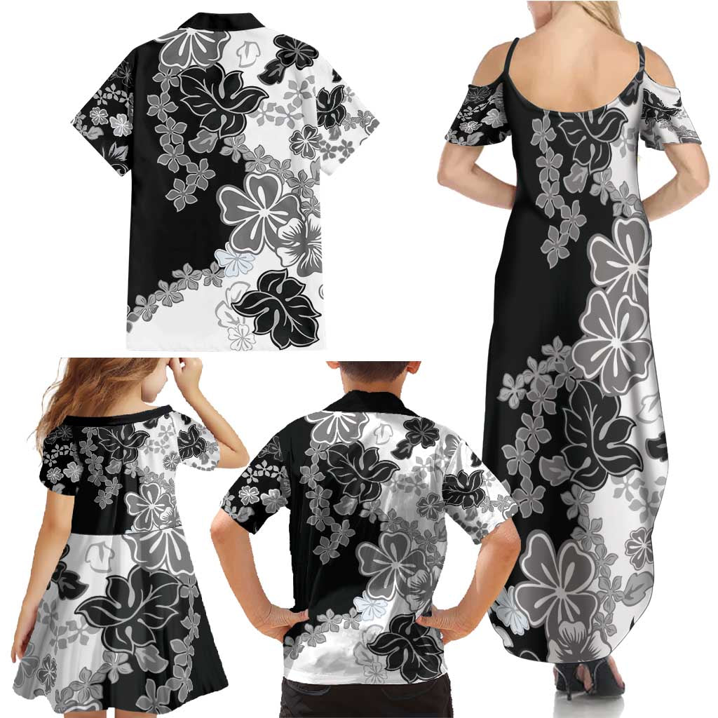 Gray Scale Hibiscus Plumeria Floral Family Matching Summer Maxi Dress and Hawaiian Shirt - Polynesian Pride