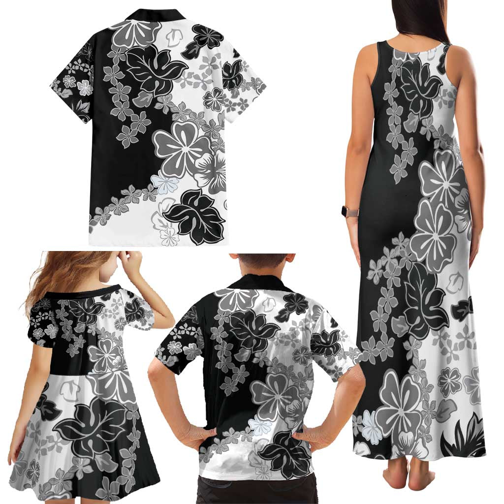 Gray Scale Hibiscus Plumeria Floral Family Matching Tank Maxi Dress and Hawaiian Shirt - Polynesian Pride