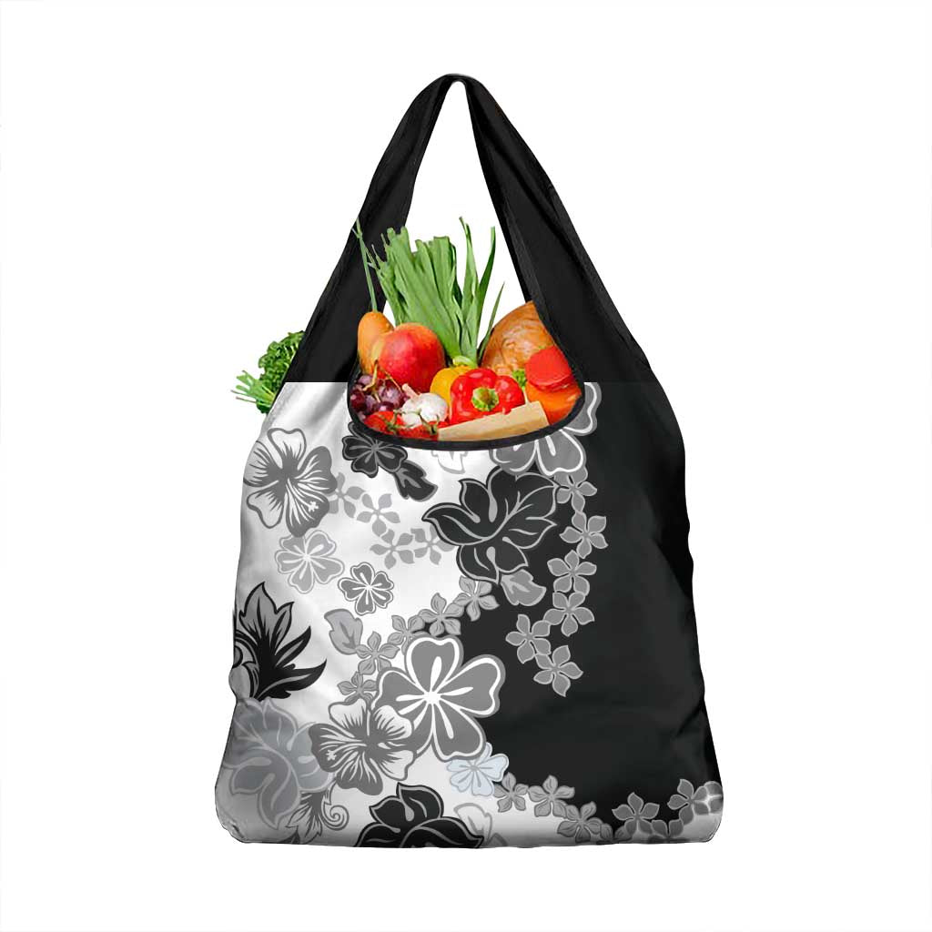 Gray Scale Hibiscus Plumeria Floral Grocery Bag - Polynesian Pride