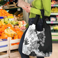 Gray Scale Hibiscus Plumeria Floral Grocery Bag - Polynesian Pride