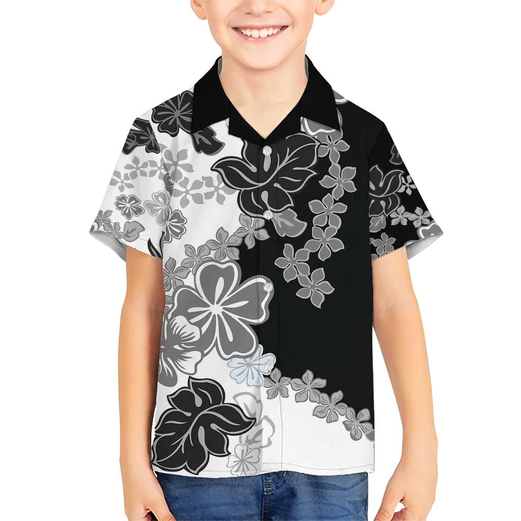 Gray Scale Hibiscus Plumeria Floral Kid Hawaiian Shirt - Polynesian Pride