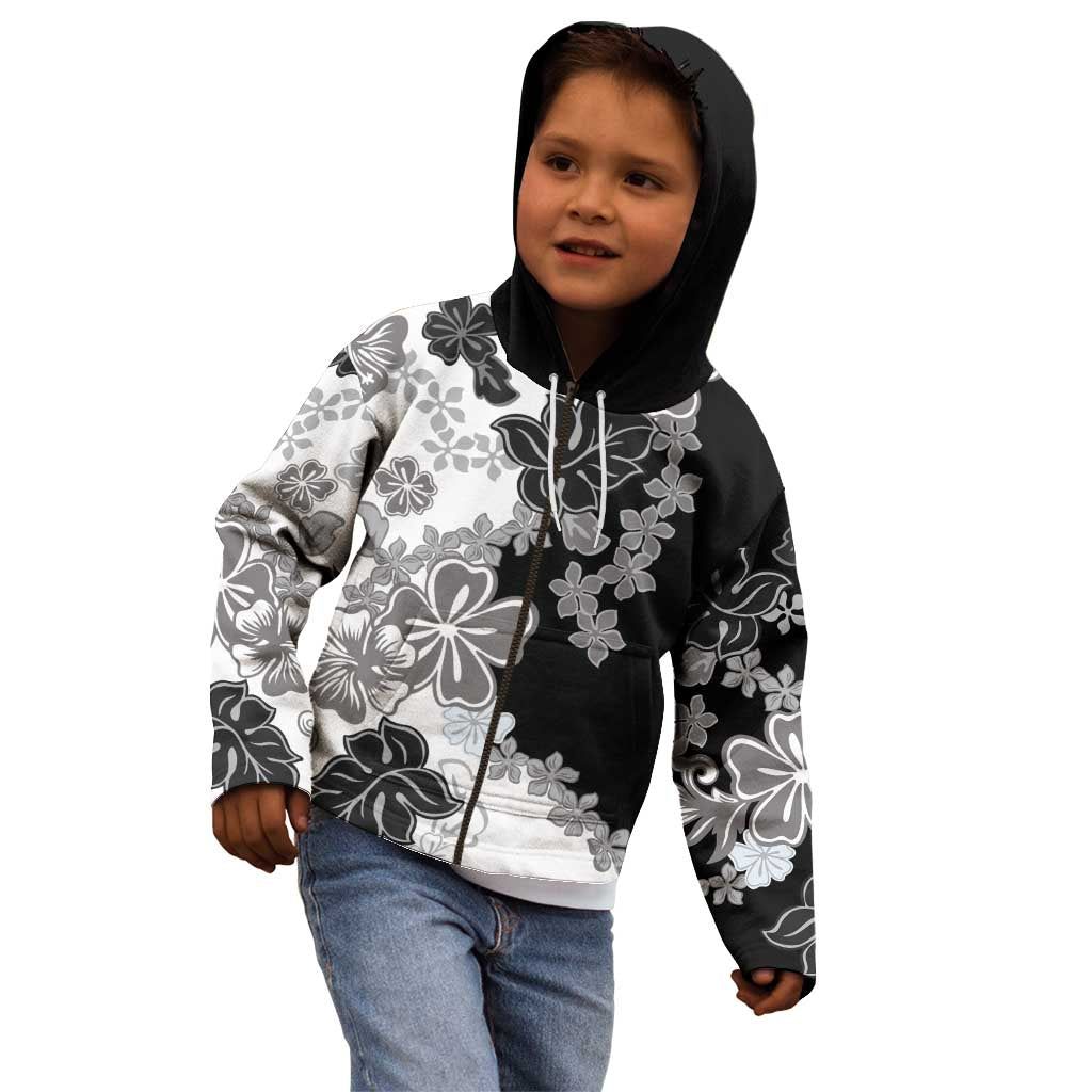 Gray Scale Hibiscus Plumeria Floral Kid Hoodie - Polynesian Pride