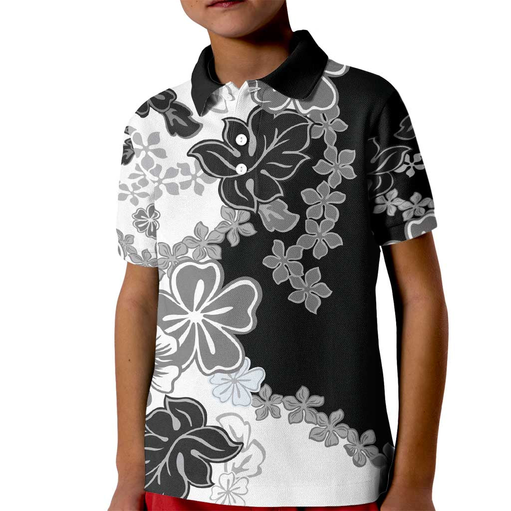 Gray Scale Hibiscus Plumeria Floral Kid Polo Shirt LT01 Kid Black - Polynesian Pride