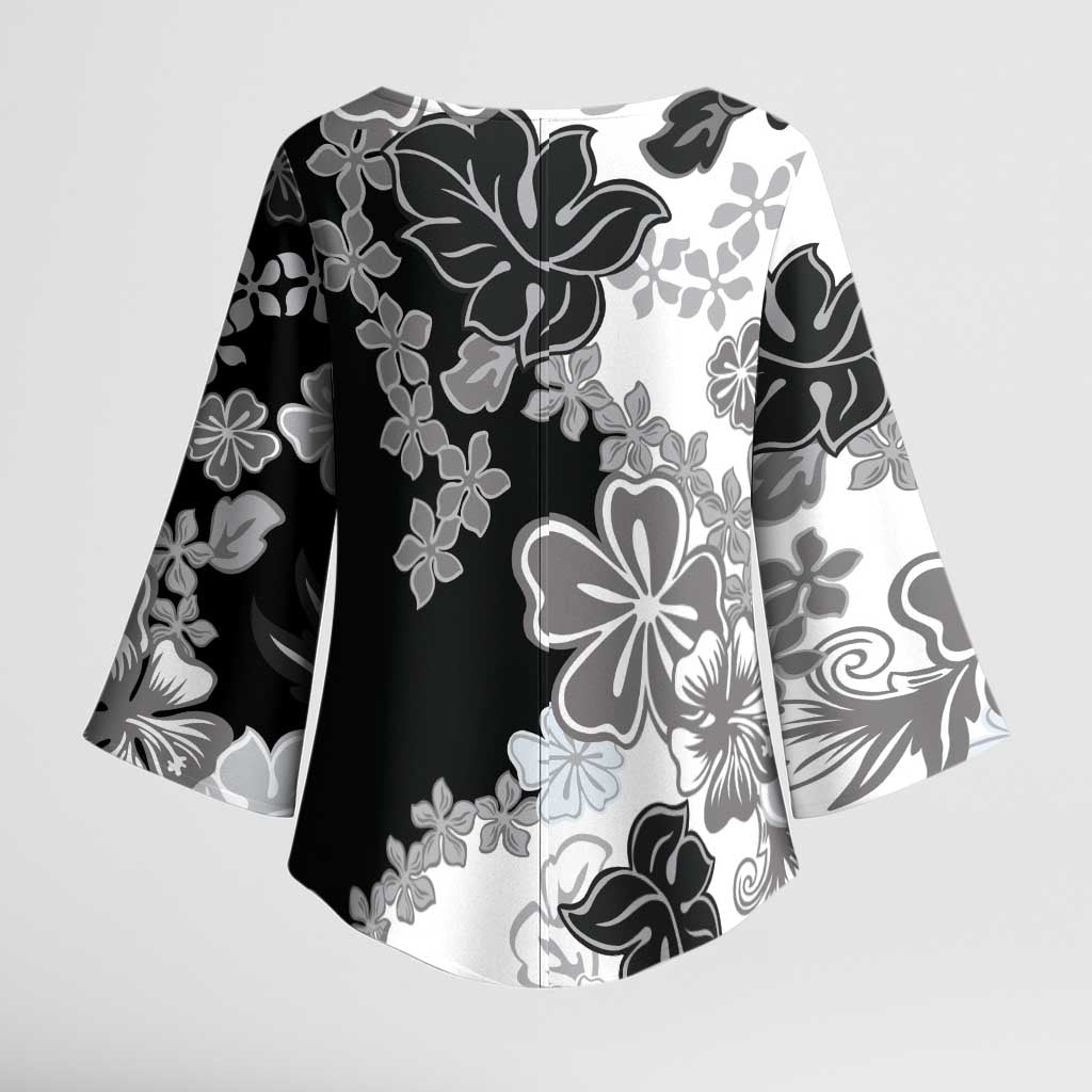 Gray Scale Hibiscus Plumeria Floral Kimono Sleeve Blouse - Polynesian Pride